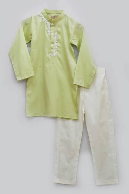 Fayon Kids_Green Cotton, Silk Embroidery Kurta Set _Online_at_Aza_Fashions