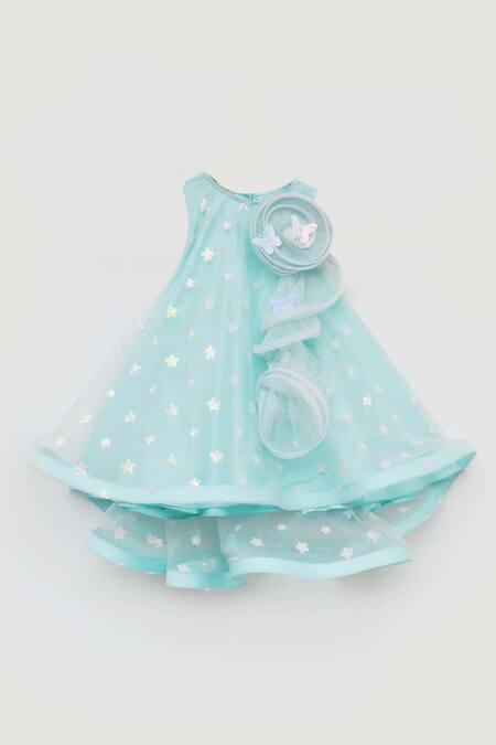 Fayon Kids_Blue Net Embroidery Embellished Dress _Online_at_Aza_Fashions
