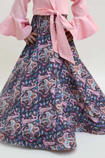 Fayon Kids_Blue Cotton, Silk, Velvet Floral Printed Lehenga Set _Online_at_Aza_Fashions