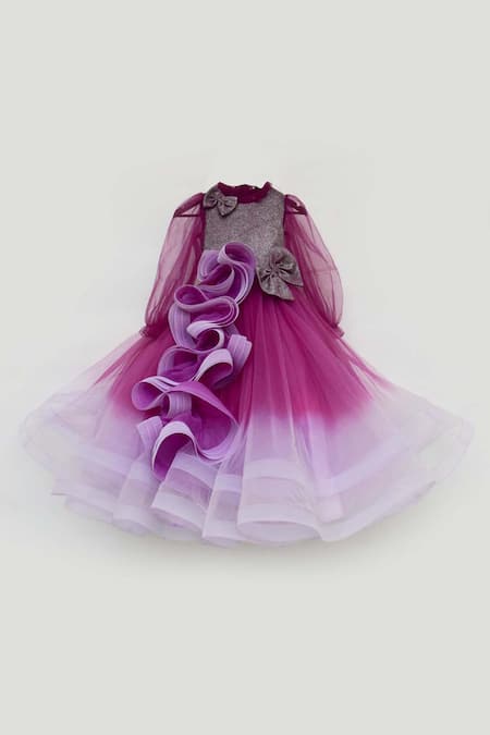 Fayon Kids_Purple Net Bows, Ruffles Shimmer Gown _Online_at_Aza_Fashions