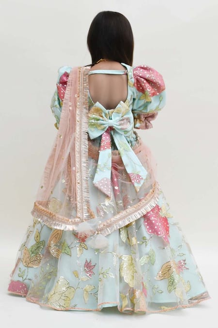 Shop Fayon Kids Blue Net Embroidery, Sequins Lehenga Set at Aza Fashions Shop_Fayon Kids_Blue Net Embroidery, Sequins Lehenga Set _at_Aza_Fashions