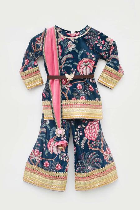 Fayon Kids_Blue Velvet Lace, Tassels Printed Kurta And Sharara Pant Set _Online_at_Aza_Fashions