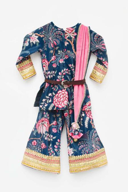 Buy_Fayon Kids_Blue Velvet Lace, Tassels Printed Kurta And Sharara Pant Set _Online_at_Aza_Fashions