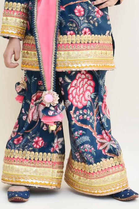 Fayon Kids_Blue Velvet Lace, Tassels Printed Kurta And Sharara Pant Set _at_Aza_Fashions