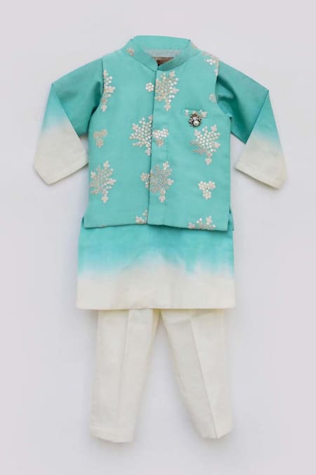 Fayon Kids_Blue Cotton, Silk Embroidery Floral Kurta Set With Nehru Jacket _Online_at_Aza_Fashions