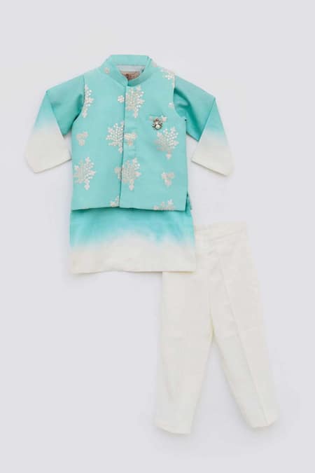 Shop_Fayon Kids_Blue Cotton, Silk Embroidery Floral Kurta Set With Nehru Jacket _Online_at_Aza_Fashions