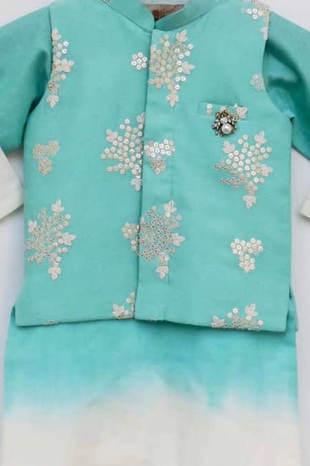 Fayon Kids_Blue Cotton, Silk Embroidery Floral Kurta Set With Nehru Jacket _at_Aza_Fashions