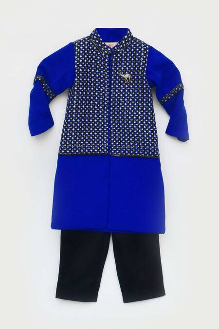 Fayon Kids_Blue Cotton Sequins, Embroidery Embellished Kurta And Nehru Jacket Set _Online_at_Aza_Fashions