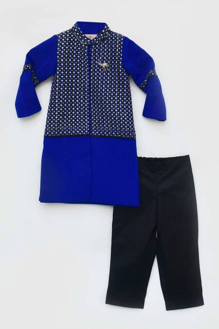 Shop_Fayon Kids_Blue Cotton Sequins, Embroidery Embellished Kurta And Nehru Jacket Set _Online_at_Aza_Fashions