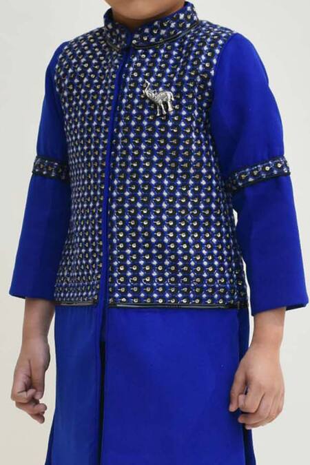 Fayon Kids_Blue Cotton Sequins, Embroidery Embellished Kurta And Nehru Jacket Set _at_Aza_Fashions