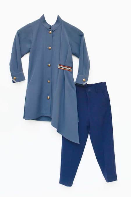 Fayon Kids_Blue Georgette, Cotton Embroidery Asymmetrical Kurta And Pant Set _Online_at_Aza_Fashions
