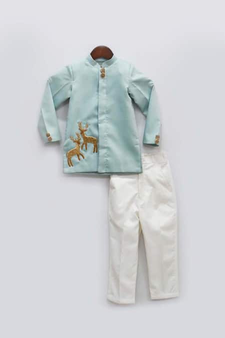 Fayon Kids_Blue Cotton, Silk Embroidery Bandhgala And Pant Set _Online_at_Aza_Fashions
