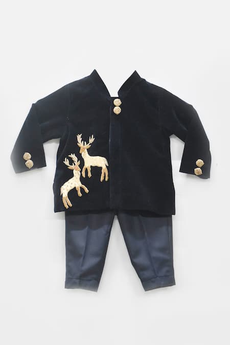 FAYON KIDS Embroidered Velvet Bandhgala & Pant Set 