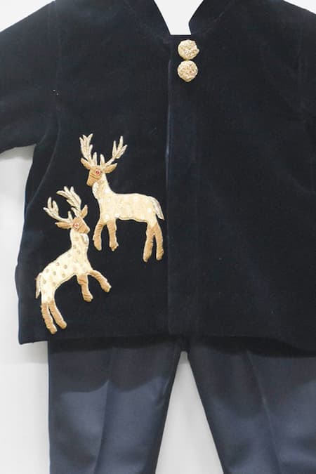 Fayon Kids_Blue Velvet, Cotton Embroidery Bandhgala And Pant Set _Online_at_Aza_Fashions