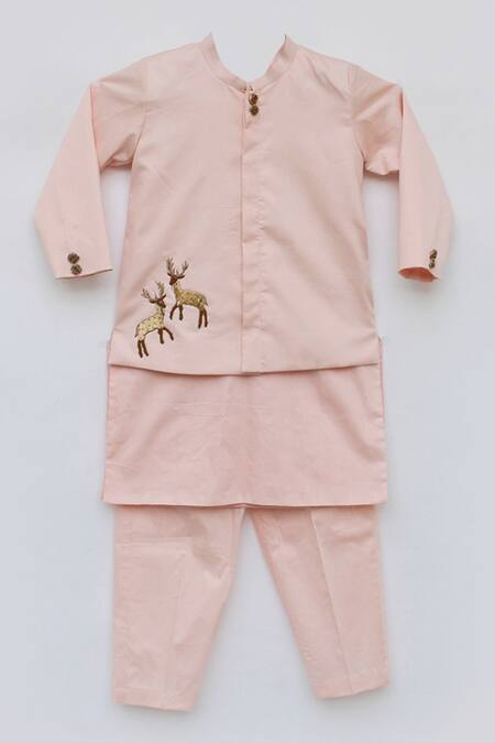 Fayon Kids_Pink Cotton, Silk Embroidery Deer Bandhgala Kurta Set _Online_at_Aza_Fashions