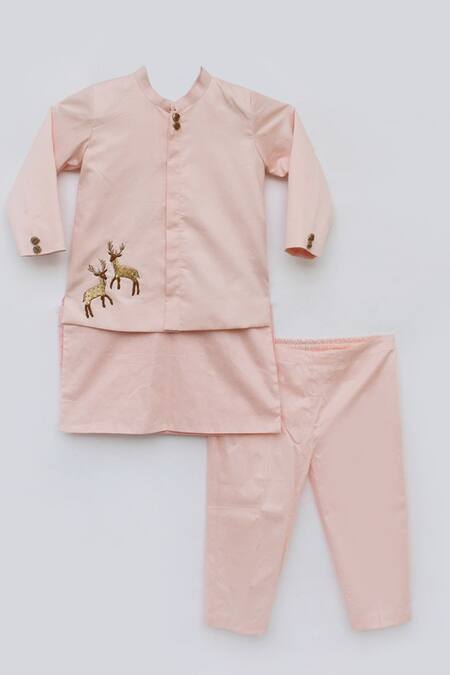 Shop_Fayon Kids_Pink Cotton, Silk Embroidery Deer Bandhgala Kurta Set _Online_at_Aza_Fashions
