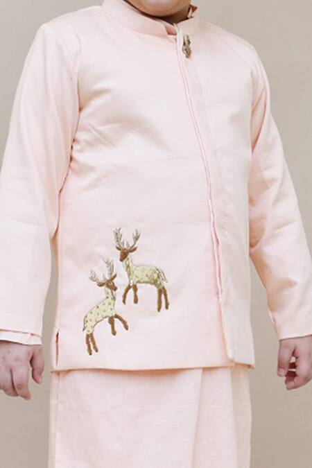 Fayon Kids_Pink Cotton, Silk Embroidery Deer Bandhgala Kurta Set _at_Aza_Fashions