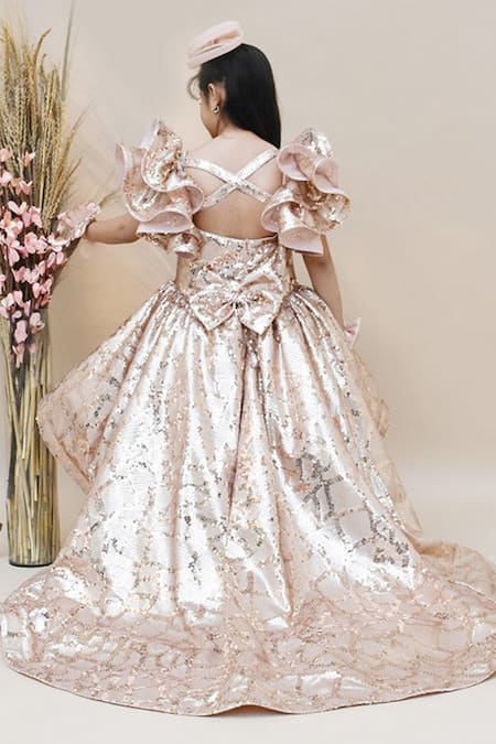 Shop Fayon Kids Peach Silk Sequins Embroidered Gown at Aza Fashions Shop_Fayon Kids_Peach Silk Sequins Embroidered Gown _at_Aza_Fashions