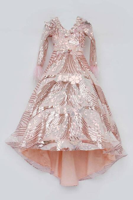 Fayon Kids_Peach Net Sequins Embroidered Gown _Online_at_Aza_Fashions