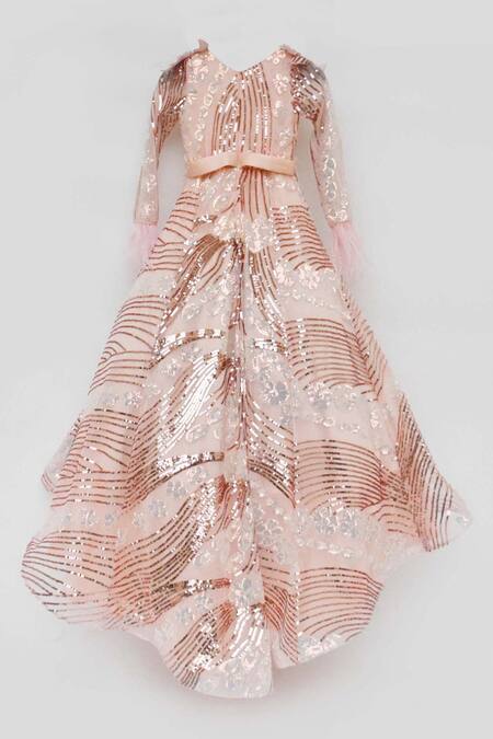 Buy_Fayon Kids_Peach Net Sequins Embroidered Gown _Online_at_Aza_Fashions