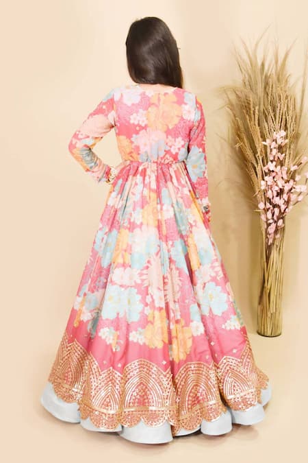 Shop_Fayon Kids_Pink Silk Embroidery, Sequins Printed Jacket And Lehenga Set _at_Aza_Fashions