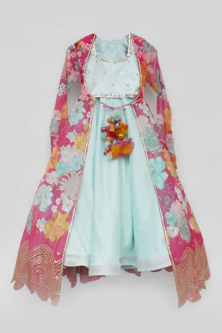 Fayon Kids_Pink Silk Embroidery, Sequins Printed Jacket And Lehenga Set _Online_at_Aza_Fashions
