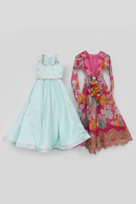 Buy_Fayon Kids_Pink Silk Embroidery, Sequins Printed Jacket And Lehenga Set _Online_at_Aza_Fashions