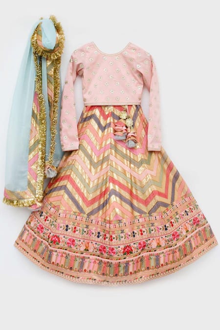 Buy_Fayon Kids_Peach Silk, Cotton, Net Embroidery Lehenga Set _Online_at_Aza_Fashions