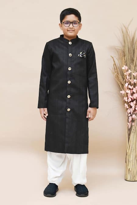FAYON KIDS Black Silk Bandhgala & White Salwar Set 
