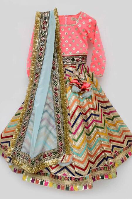 Fayon Kids_Pink Organza, Silk, Net Embroidery, Sequins, Tassels Lehenga Set _Online_at_Aza_Fashions