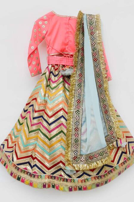 Buy_Fayon Kids_Pink Organza, Silk, Net Embroidery, Sequins, Tassels Lehenga Set _Online_at_Aza_Fashions