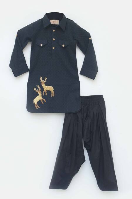 Fayon Kids_Black Cotton, Modal Patchwork Kurta Salwar Set _Online_at_Aza_Fashions