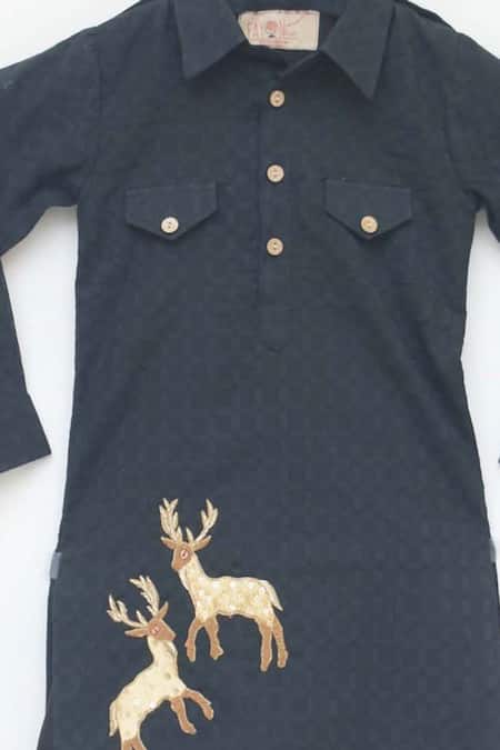 Buy_Fayon Kids_Black Cotton, Modal Patchwork Kurta Salwar Set _Online_at_Aza_Fashions