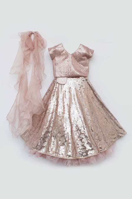 Fayon Kids_Peach Organza Sequins Embellished Lehenga Set _Online_at_Aza_Fashions