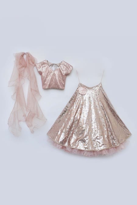 Buy_Fayon Kids_Peach Organza Sequins Embellished Lehenga Set _Online_at_Aza_Fashions