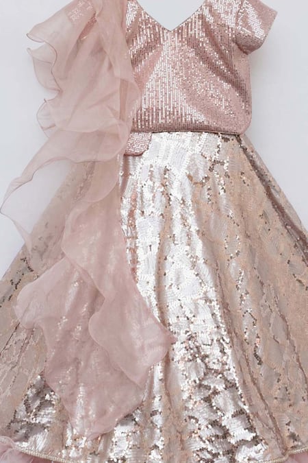 Shop_Fayon Kids_Peach Organza Sequins Embellished Lehenga Set _Online_at_Aza_Fashions