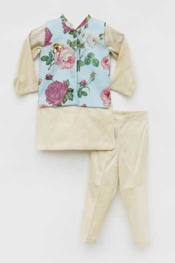 FAYON KIDS Blue Cotton, Silk Embroidery Floral Print Bundi Kurta Set Online at Aza Fashions FAYON KIDS_Blue Cotton, Silk Embroidery Floral Print Bundi Kurta Set _Online_at_Aza_Fashions