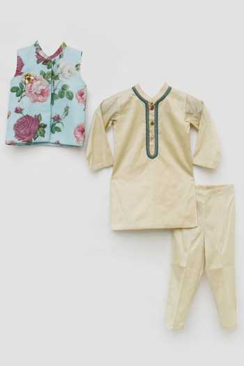 Buy FAYON KIDS Blue Cotton, Silk Embroidery Floral Print Bundi Kurta Set Online at Aza Fashions Buy_FAYON KIDS_Blue Cotton, Silk Embroidery Floral Print Bundi Kurta Set _Online_at_Aza_Fashions