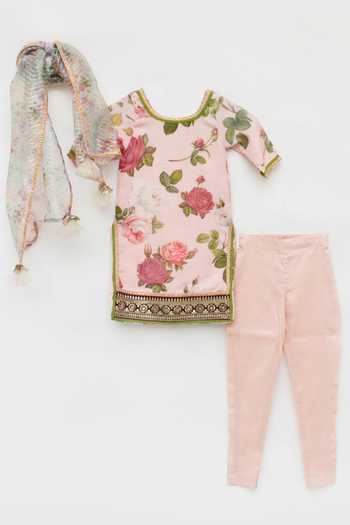 FAYON KIDS_Peach , Satin, Organza Lace, Tassels, Sequins Silk Kurta Pant Set _Online_at_Aza_Fashions