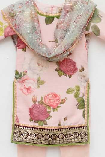 Buy_FAYON KIDS_Peach , Satin, Organza Lace, Tassels, Sequins Silk Kurta Pant Set _Online_at_Aza_Fashions