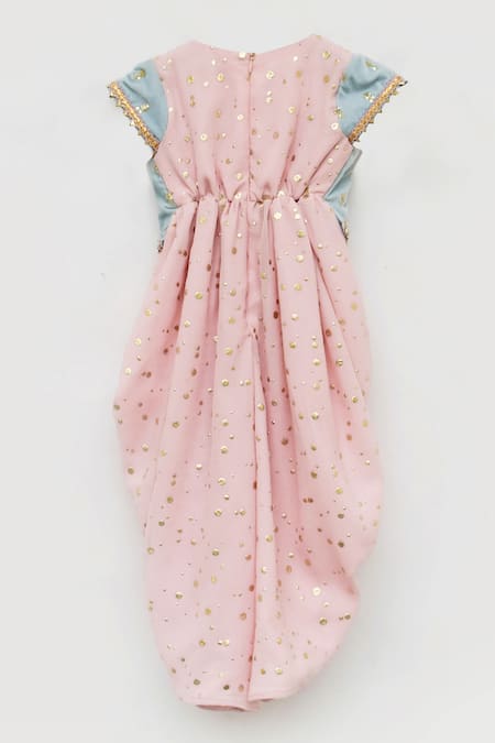 Shop Fayon Kids Peach Georgette, Velvet Mirrors, Sequins Mukaish Embroidered Jumpsuit at Aza Fashions Shop_Fayon Kids_Peach Georgette, Velvet Mirrors, Sequins Mukaish Embroidered Jumpsuit _at_Aza_Fashions