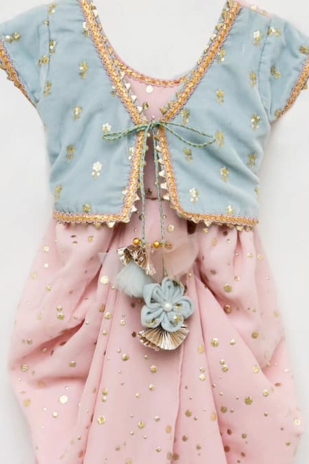 Fayon Kids Peach Georgette, Velvet Mirrors, Sequins Mukaish Embroidered Jumpsuit Online at Aza Fashions Fayon Kids_Peach Georgette, Velvet Mirrors, Sequins Mukaish Embroidered Jumpsuit _Online_at_Aza_Fashions