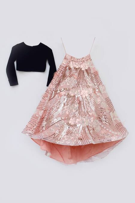 Fayon Kids_Pink Velvet, Net Sequins Lehenga Set _Online_at_Aza_Fashions