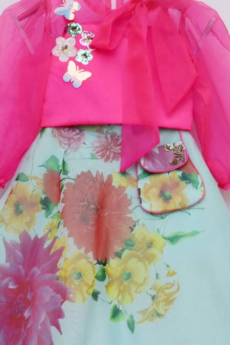 Fayon Kids_Blue Organza Embroidery Floral Print Lehenga Set _Online_at_Aza_Fashions
