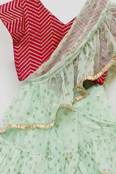 Fayon Kids_Green Silk, Chiffon Sequins Ruffle Saree With Blouse _Online_at_Aza_Fashions