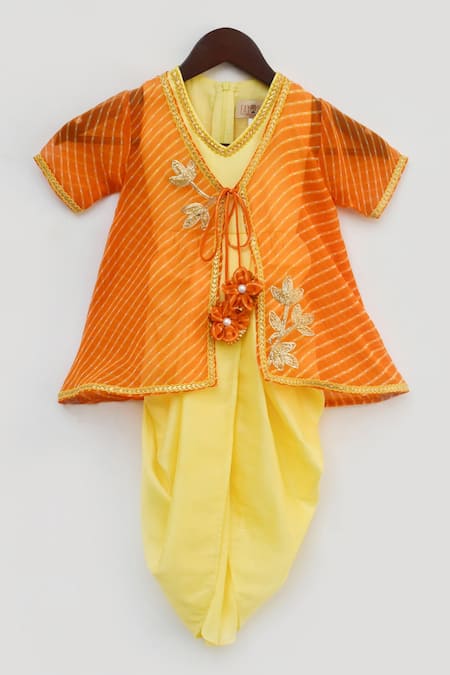 FAYON KIDS Orange Silk And Georgette & Embroidery Leheriya & Jumpsuit With Jacket