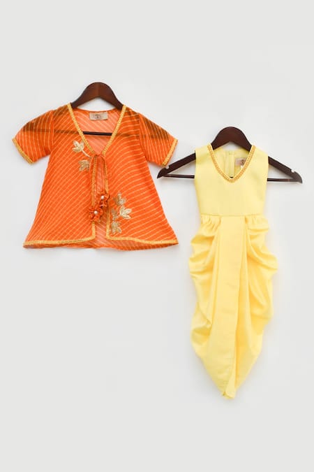 Fayon Kids_Orange Silk, Georgette Embroidery, Lace, Fabric Flowers Jumpsuit With Jacket _Online_at_Aza_Fashions
