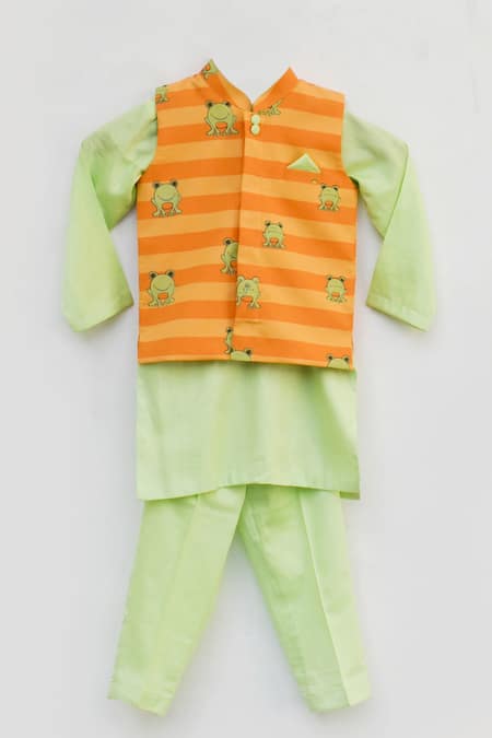 FAYON KIDS Cotton Silk Frog Print Bundi Kurta Set 