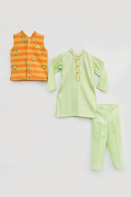 Fayon Kids_Orange Cotton, Silk Frog Print Bundi Kurta Set _Online_at_Aza_Fashions