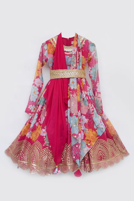 FAYON KIDS Pink Georgette And Embroidery Floral & Sequin Anarkali With Dupatta